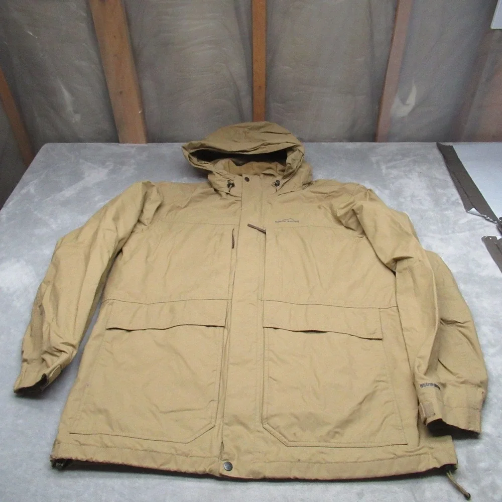Eddie Bauer Jacket Men XL Tall Beige Waterproof Hood Rain Wind WeatherEdge Parka